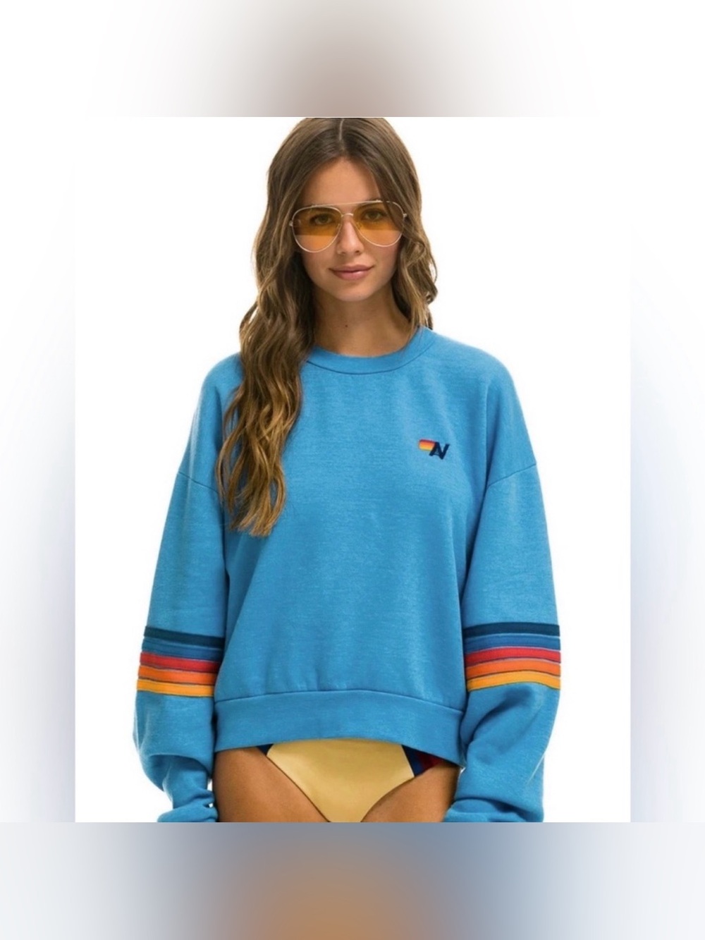 Aviator Nation Rainbow Stitch Sleeve Crew Relaxed Sweatshirt - Picture 6 of 11
